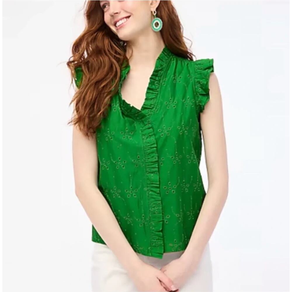 J. Crew Sleeveless Ruffle Cotton Eyelet Top Green BY336 Size XL